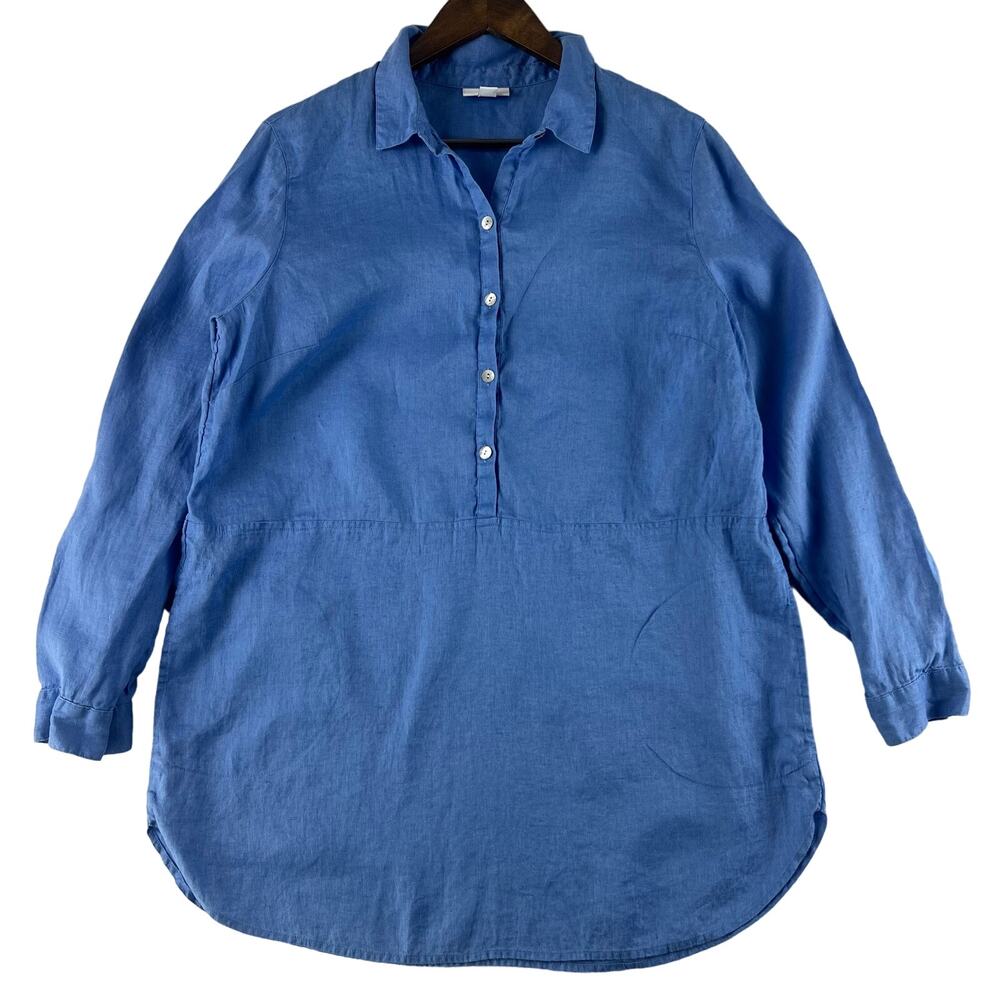 J.Jill Love Linen Roll Tab-Sleeve Women's Tunic Blouse Med Pockets Blue EUC
